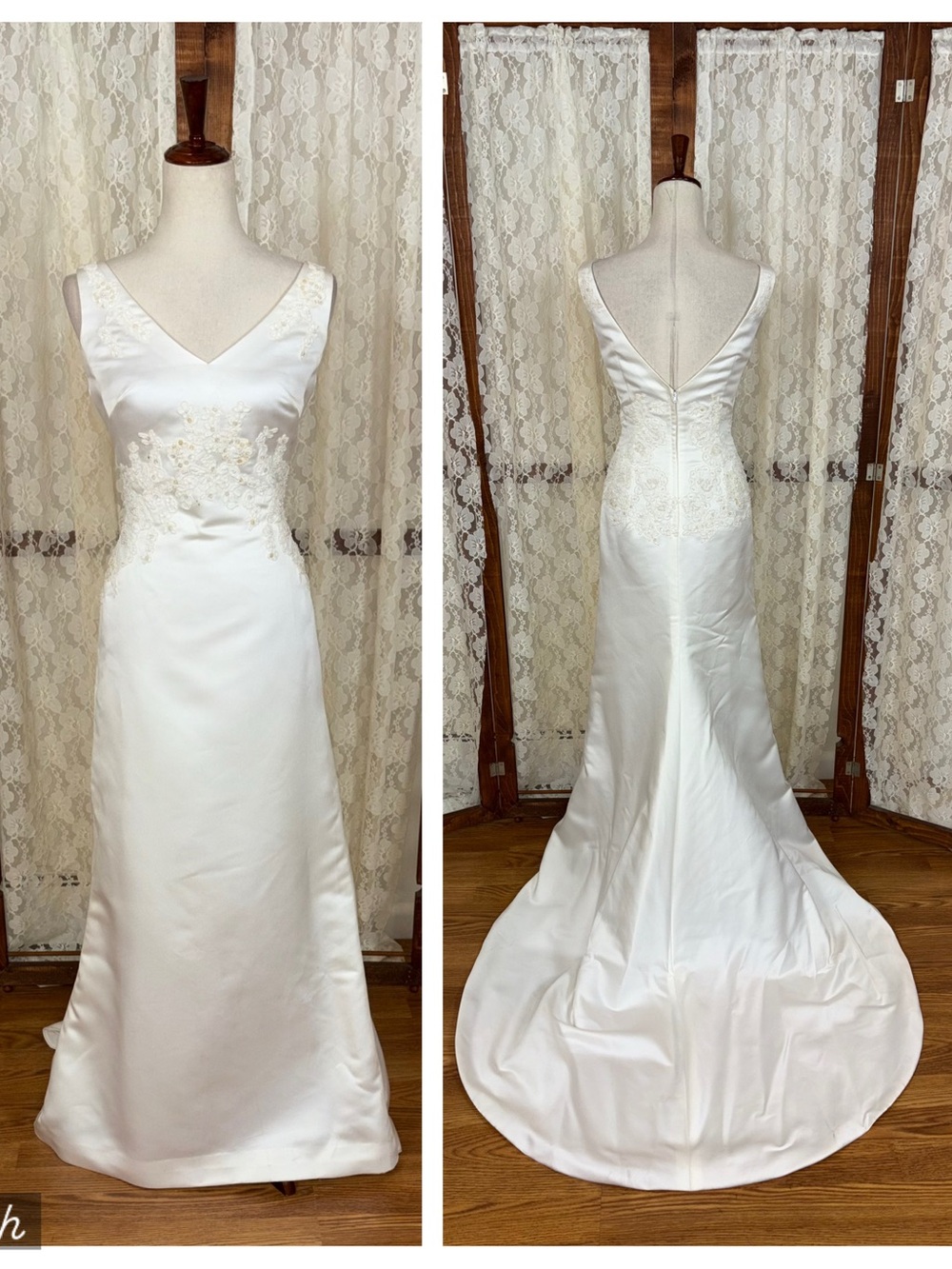 Elegant Vintage 90s Satin Sheath Wedding Gown with Lace Appliqué